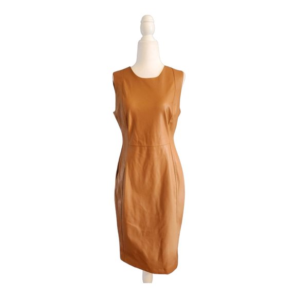 NEW Calvin Klein Faux leather Sleeveless Pencil Dress Camel Size 8 - Picture 2 of 6